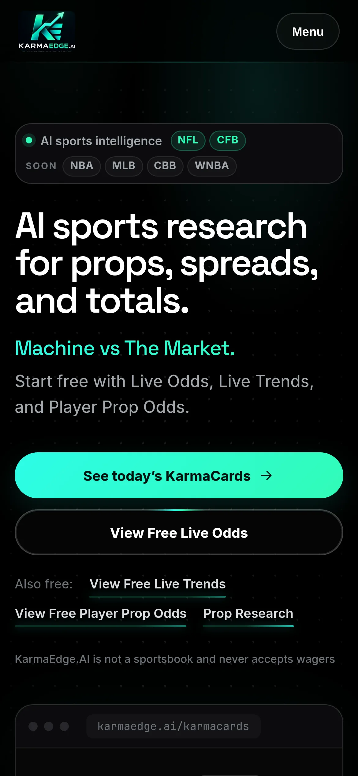 KarmaEdge.AI on a phone: AI sports research for props, spreads and totals